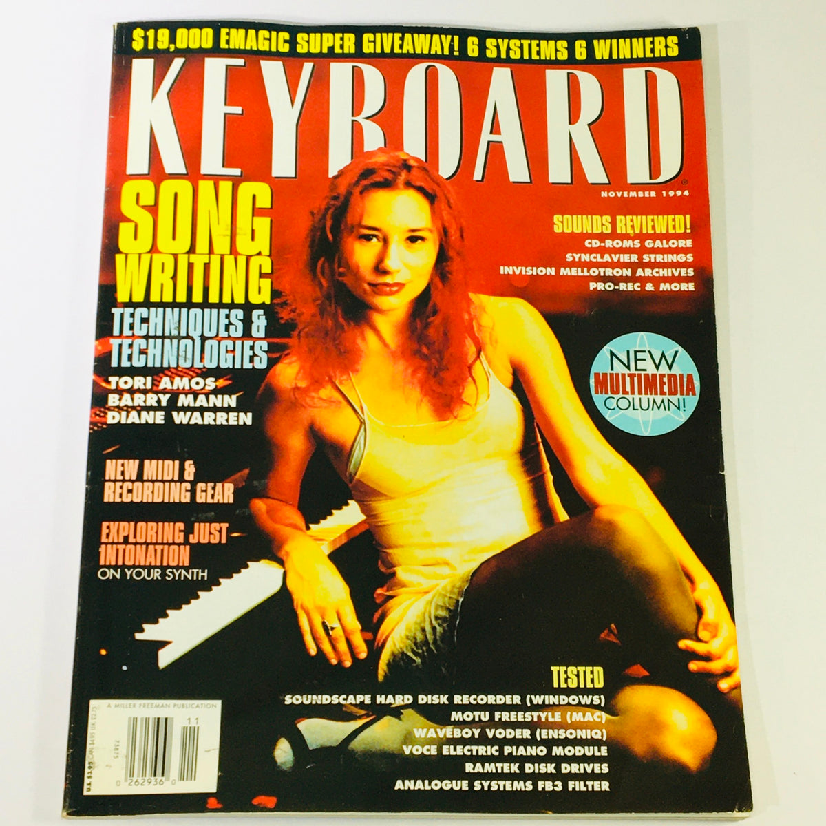 Cover of Keyboard Magazine November 1994 featuring Tori Amos, Barry Mann, and Diane Warren. The cover highlights themes of songwriting, techniques, and technologies. Highlights include a special multimedia column and an array of music gear reviews.