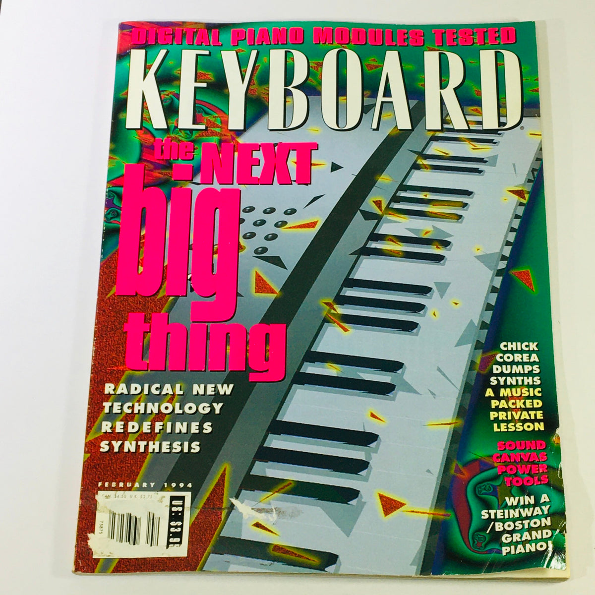 Cover of Keyboard Magazine February 1994 featuring headline 'Chick Corea Dumps Synths & Sound Canvas Tools' with vibrant colors and design showcasing digital piano technology.