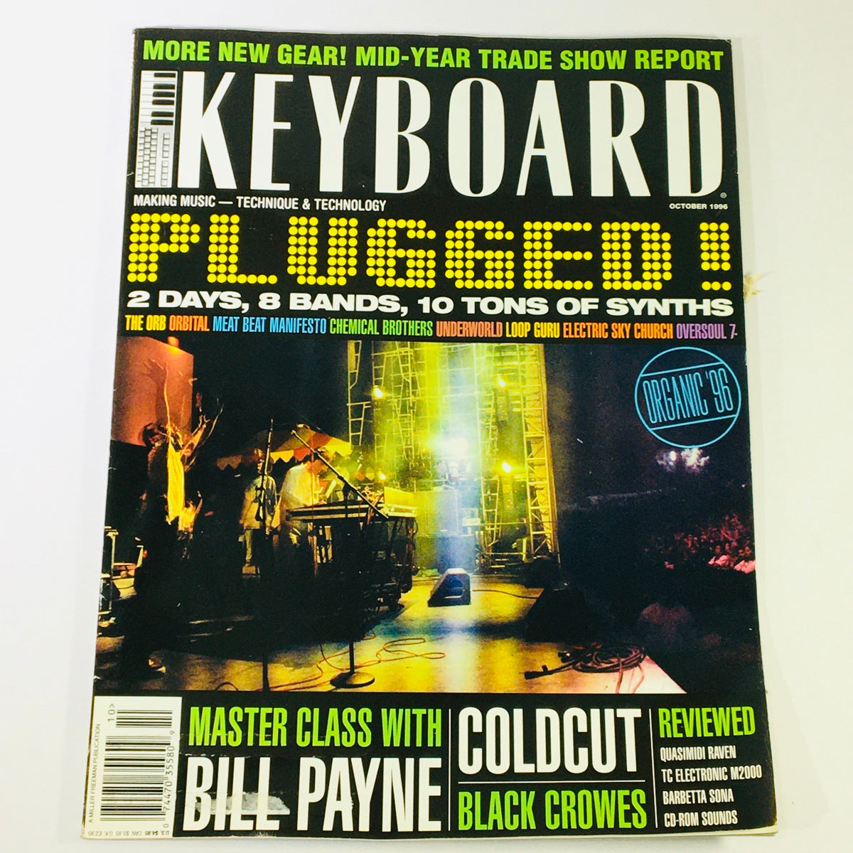 Keyboard Magazine October 1996 cover featuring a vibrant performance scene, showcasing 'Master Class with Bill Payne' and the 'Black Crowes'. Perfect collectible for music enthusiasts.