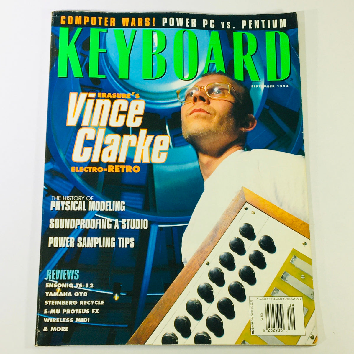 Cover of Keyboard Magazine, September 1994, featuring Vince Clarke, showcasing electro-retro music, power sampling tips, and electronic music trends.