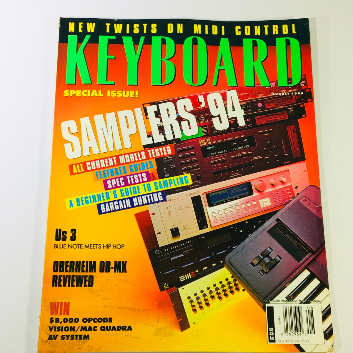 Cover of Keyboard Magazine August 1994 featuring a special issue on 'Samplers' with a beginner's guide to sampling and bargain hunting. The magazine showcases various music equipment, emphasizing electronic music trends from the 1990s.
