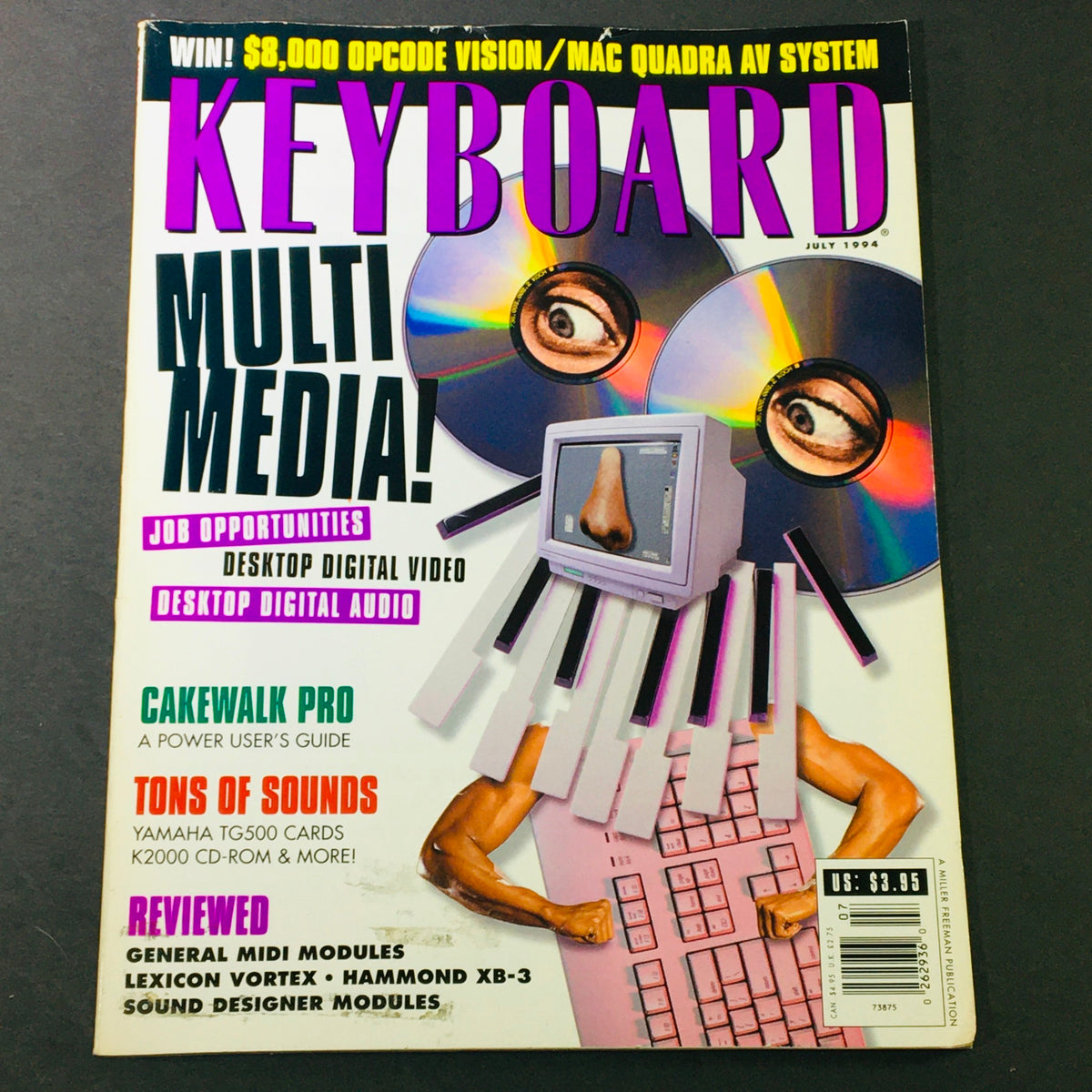 Cover of Keyboard Magazine July 1994 featuring multimedia themes, with emphasis on technologies like Yamaha TG500 and K2000 synthesizers, showcasing vibrant artwork and text related to sound design.