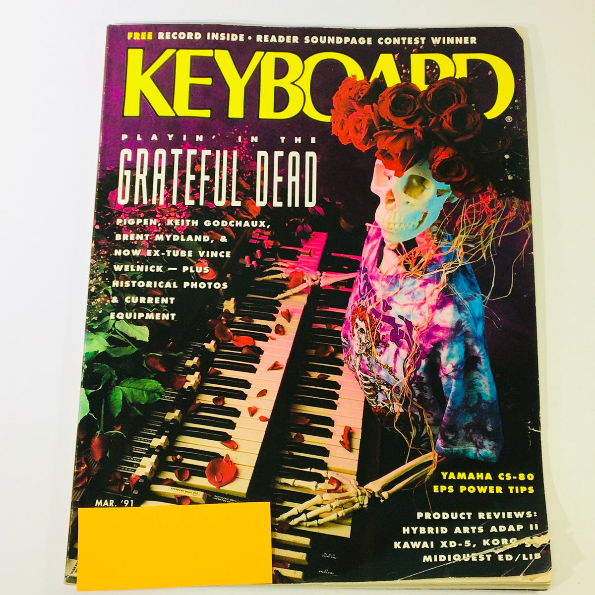 Cover of Keyboard Magazine March 1991 featuring a colorful design with a skeleton holding roses, teasing an inside feature on the Grateful Dead members Pigpen, Keith Godchaux, Brent Mydland, and Welnick.