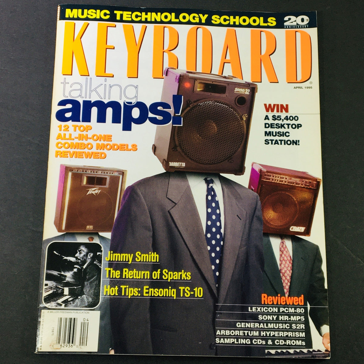 Cover of Keyboard Magazine April 1995 featuring Jimmy Smith, The Return of Sparks, and Ensoniq TS-10, showcasing music technology and trends of the mid-90s.