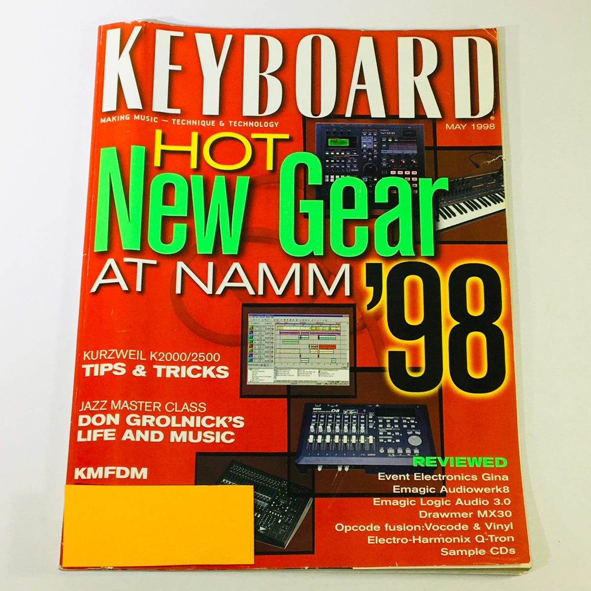 Keyboard Magazine May 1998 cover featuring 'Hot New Gear at NAMM '98' alongside a Jazz Masterclass by Don Grolnick discussing his life and music. The cover includes images of various music equipment and relevant article highlights.