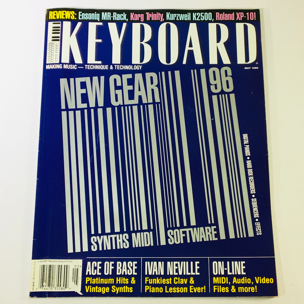Cover of Keyboard Magazine May 1996 featuring the title 'New Gear 96' with emphasis on synthesizers, MIDI, and software, along with highlights of Ace of Base and reviews of music technology.