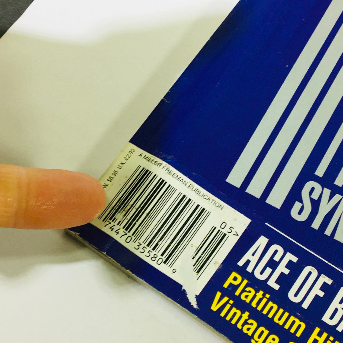 Close-up of the back cover of Keyboard Magazine May 1996 showing the barcode and additional features including Ace of Base's accomplishments in music and vintage synthesizers.