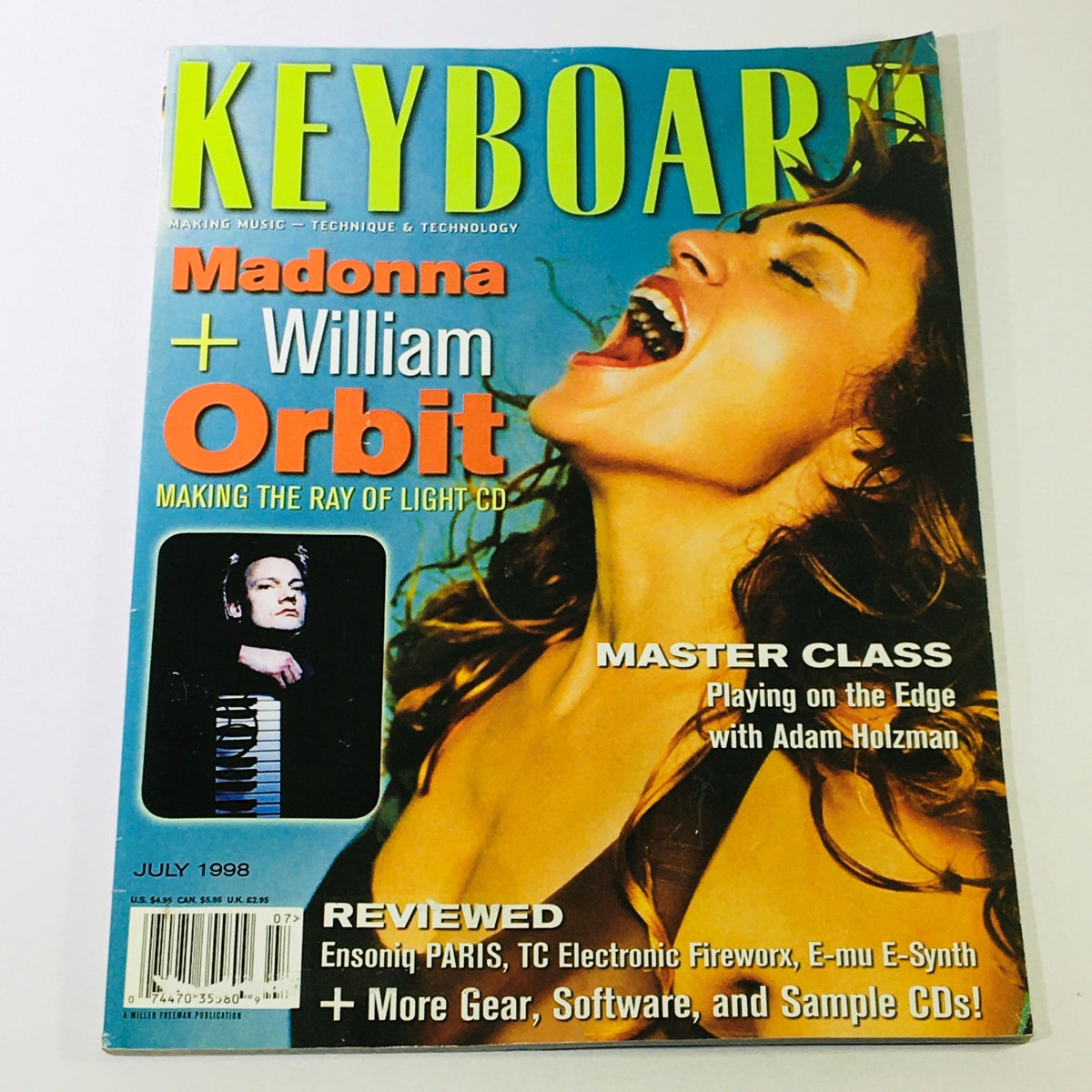 Keyboard Magazine July 1998 featuring Madonna and William Orbit on the cover, showcasing insights into making the Ray of Light CD with vibrant colors and design, including a small image of a musician with a keyboard.