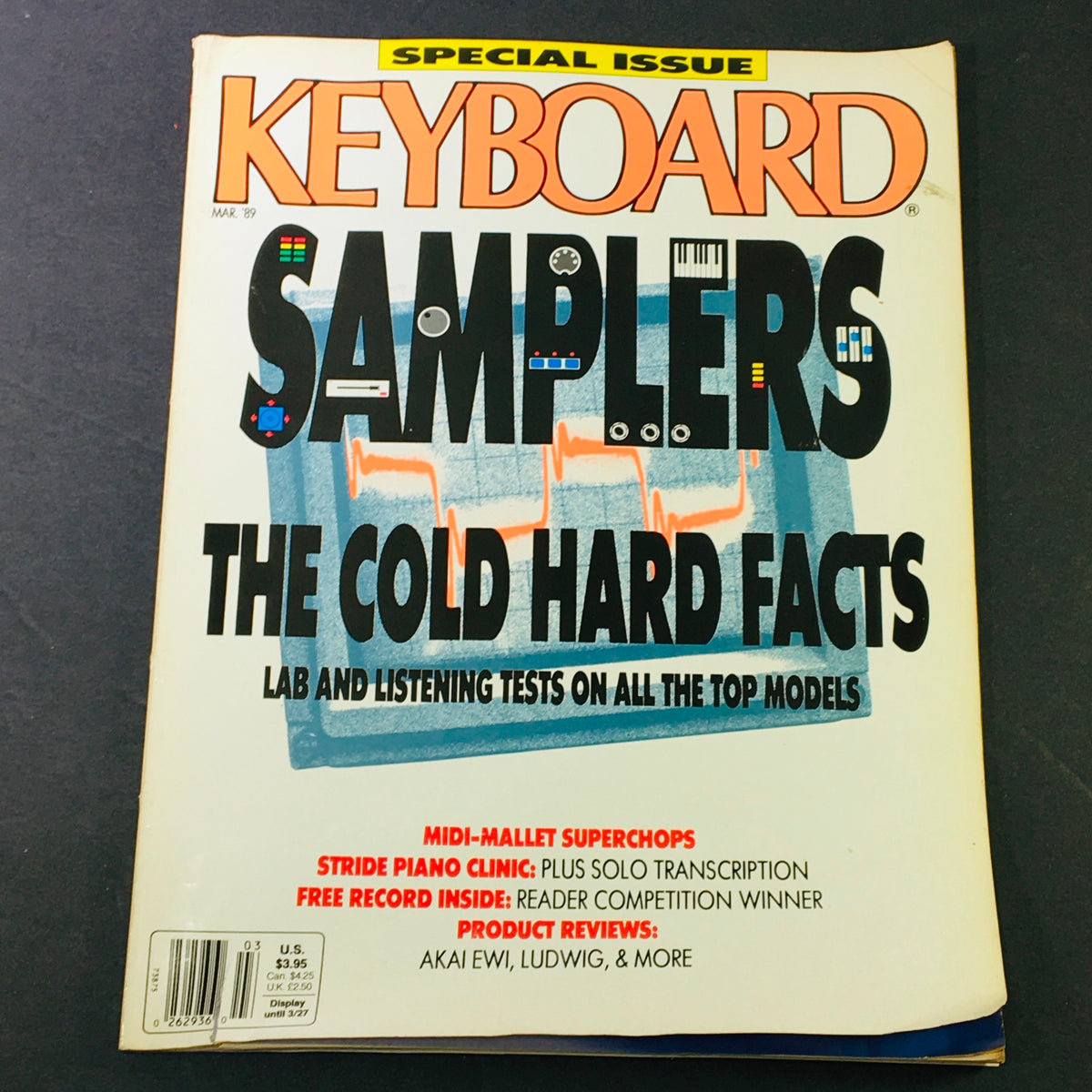 Vintage Keyboard Magazine from March 1989 featuring product reviews of Akai Ewi, Ludwig, and more, with visual emphasis on samplers and music technology.