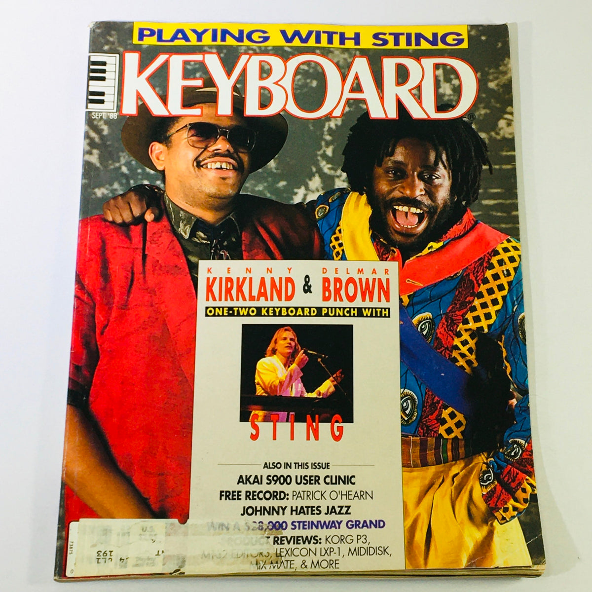 Cover of Keyboard Magazine September 1988 featuring Kenny Kirkland and Delmar Brown alongside Sting. The magazine highlights music insights, keyboard tips, and cultural reflections from that era.