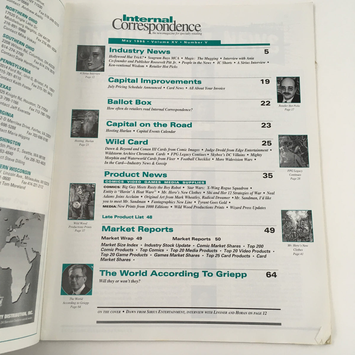 Table of contents page from the May 1995 edition of Internal Correspondence Magazine, listing features like industry news, product news, and market reports related to the entertainment industry.