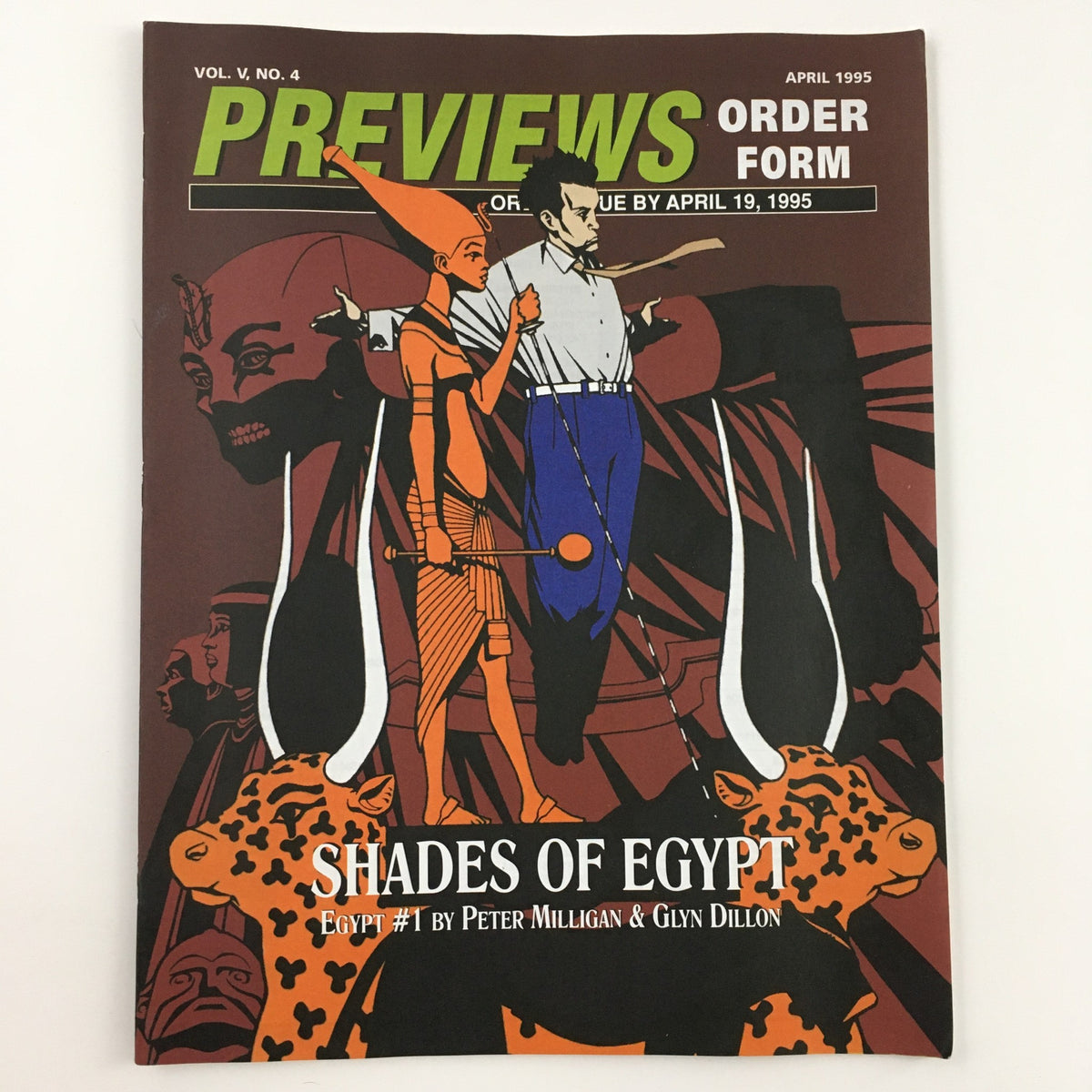 Previews Order Form April 1995 Vol. V No. 4 featuring cover art for Shades of Egypt #1 by Peter Milligan. The cover showcases vibrant illustrations of Egyptian themes with characters and animals.