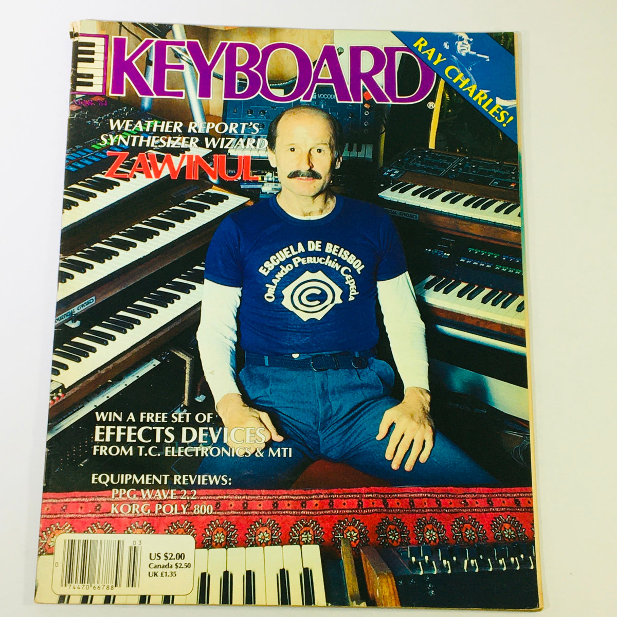 VTG Keyboard Magazine March 1984 featuring Weather Report's Synthesizer Wizard Zawinul on the cover, showcasing keyboards in a vibrant music studio setting.