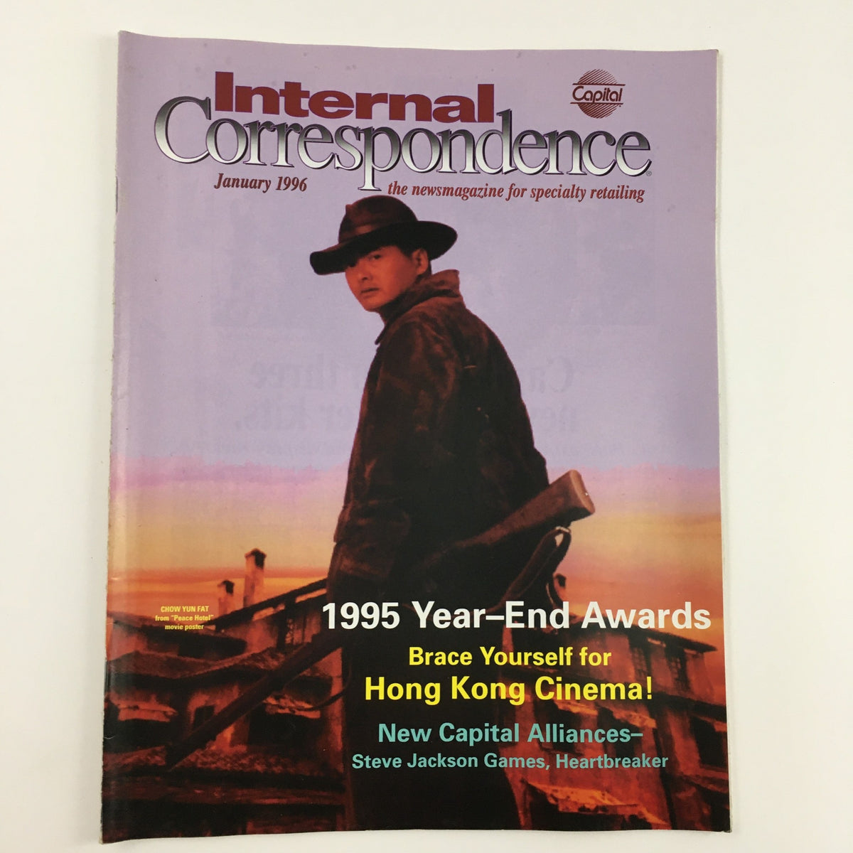 Cover of Internal Correspondence Magazine from January 1996 featuring Chow Yun Fat, highlighting the 1995 Year-End Awards and the allure of Hong Kong cinema.