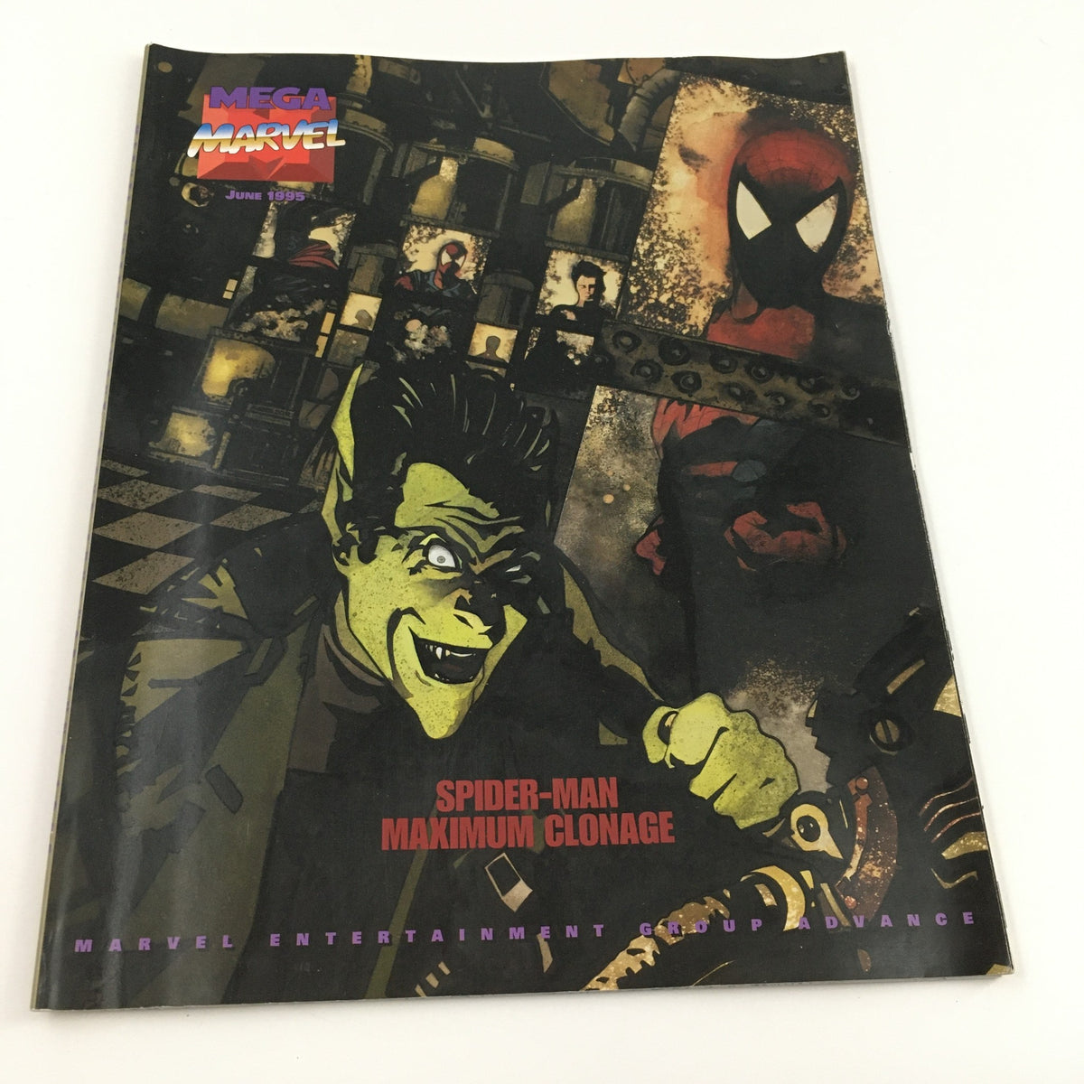 Mega Marvel Comics June 1995 featuring Spider-Man in Maximum Clonage, showcasing vibrant artwork and iconic characters on the cover.