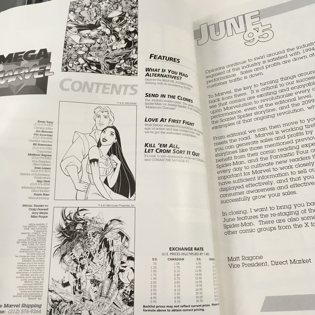 Inside page of Mega Marvel Comics June 1995 featuring contents including Spider-Man's 'Maximum Clonage' and Disney's 'Pocahontas', reflecting the vintage comic style of the 1990s.