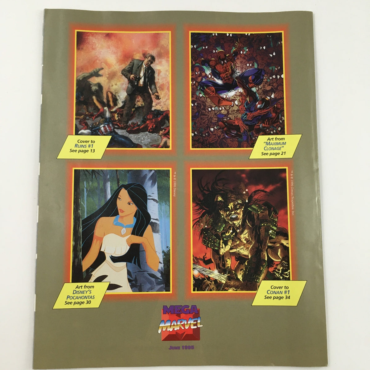 Cover page of Mega Marvel Comics June 1995 showcasing artwork highlights from 'Ruins #1', 'Maximum Clonage', Disney's 'Pocahontas', and 'Conan #1', emphasizing classic comic art.