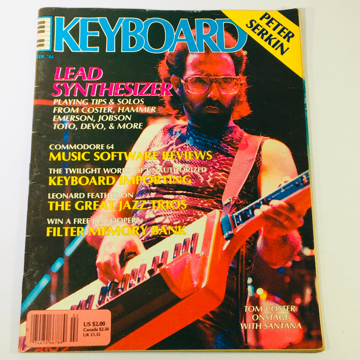 Cover of VTG Keyboard Magazine February 1984 featuring lead synthesizers, with articles on music software reviews and Leonard Feather discussing jazz trios. The magazine highlights featured artist Peter Serkin and offers tips on playing synthesizers.