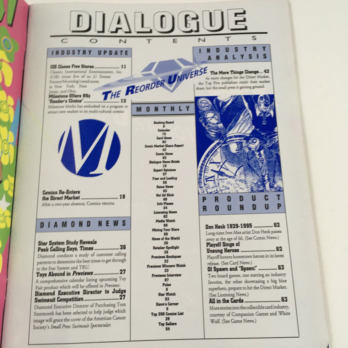 Contents page of Diamond Dialogue Comics from April 1995 showcasing article topics and updates related to the comic book industry.