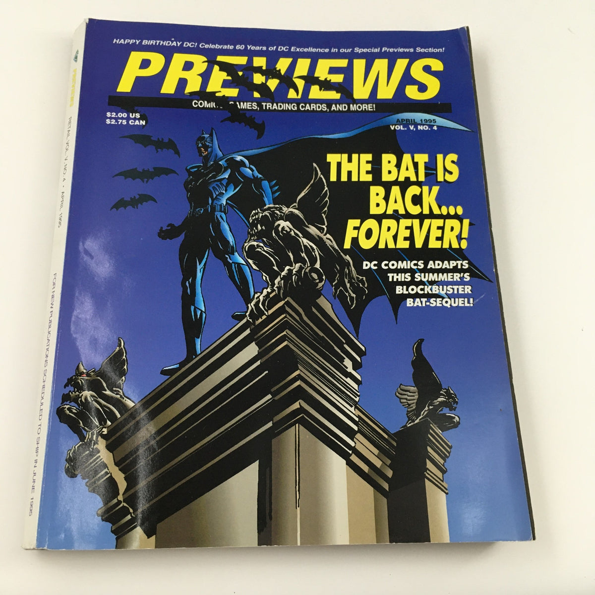 Cover of Previews Magazine April 1995 Vol. V No. 4 featuring Batman is Back Forever, showcasing Batman in a dynamic pose against a dark blue background with the text 'THE BAT IS BACK... FOREVER!' prominently displayed.
