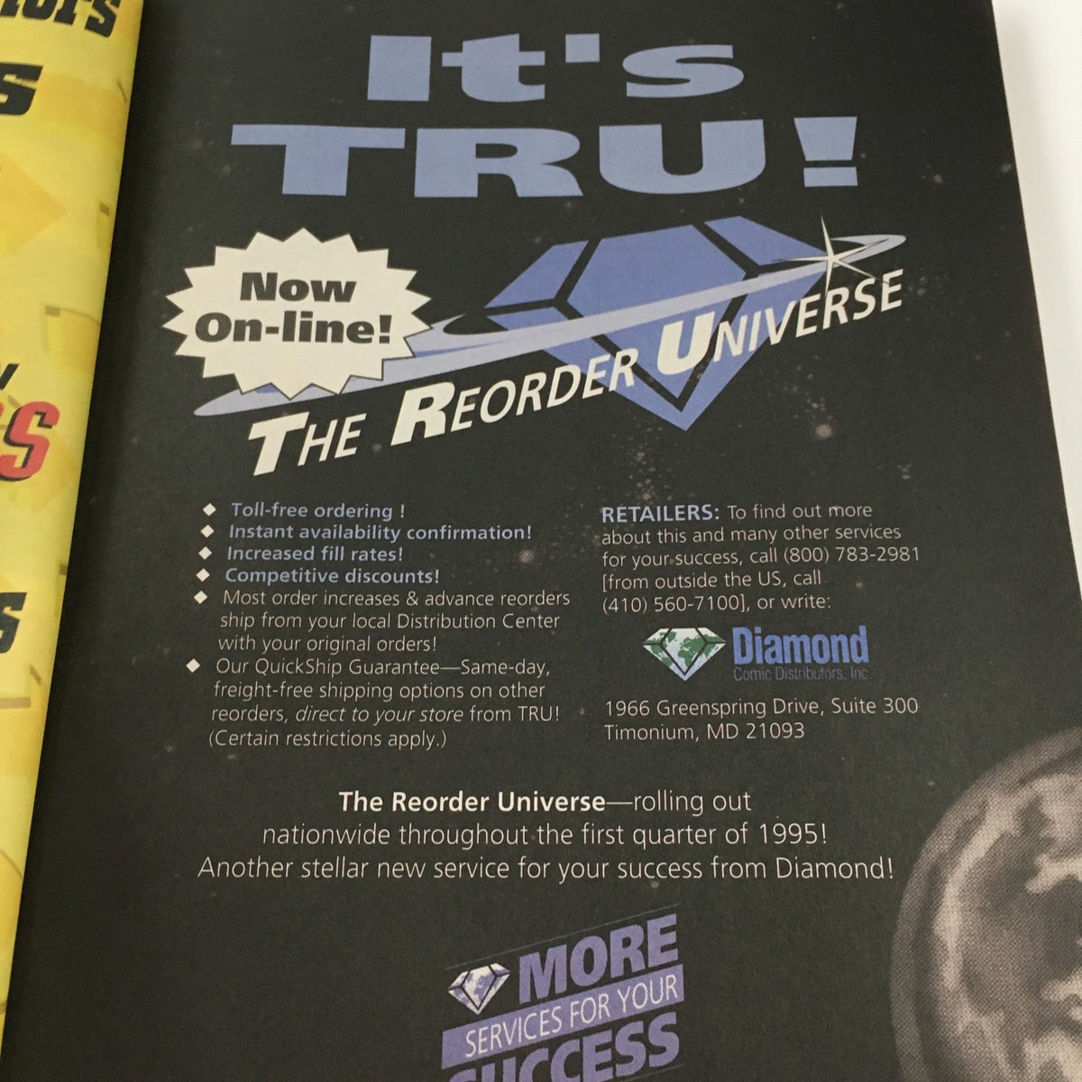 Advertising page from Previews Magazine April 1995 Vol. V No. 4 featuring The Reorder Universe service by Diamond Comic Distributors.