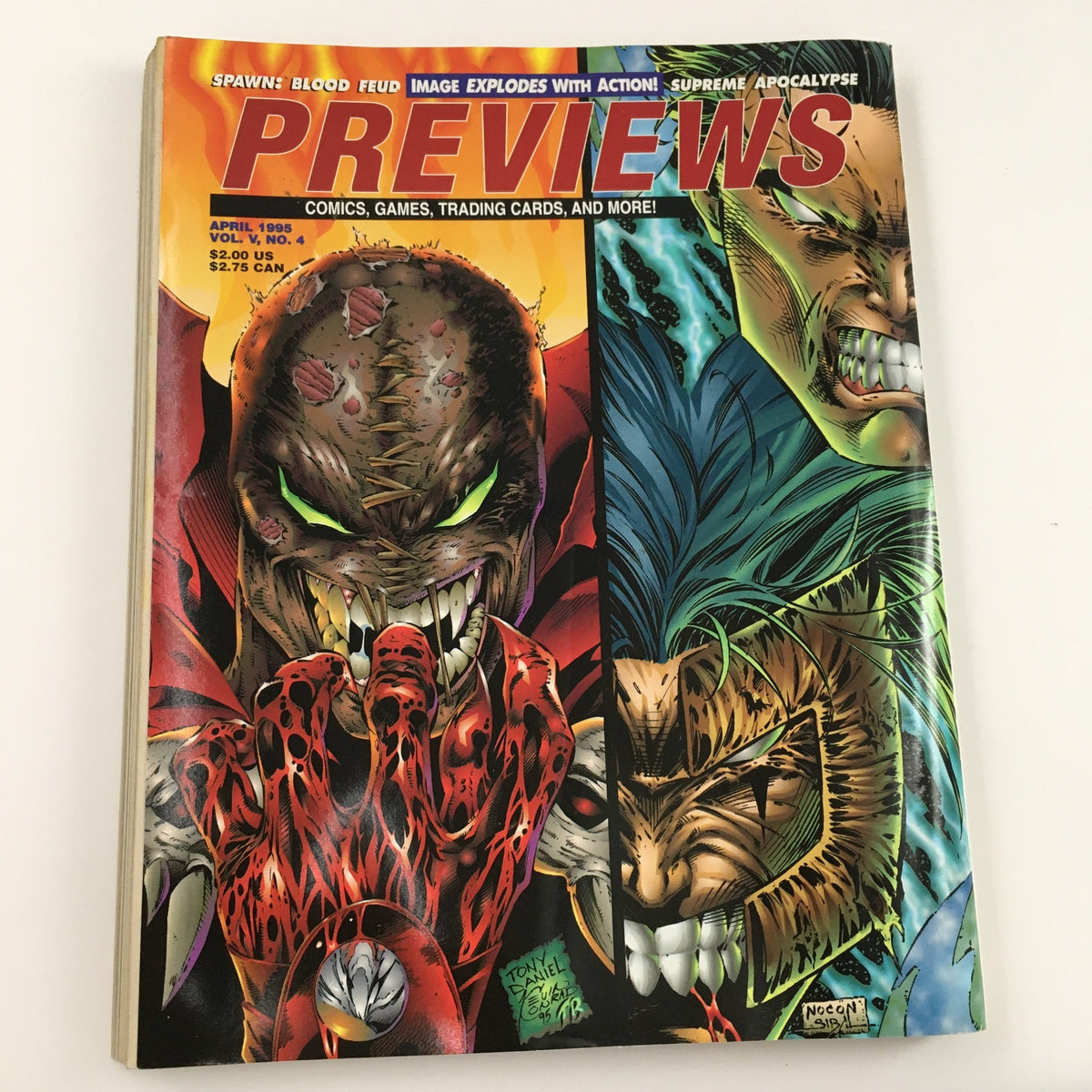 Cover of Previews Magazine April 1995 Vol. V No. 4 showcasing bold comic art with characters from the 'Spawn: Blood Feud' series.