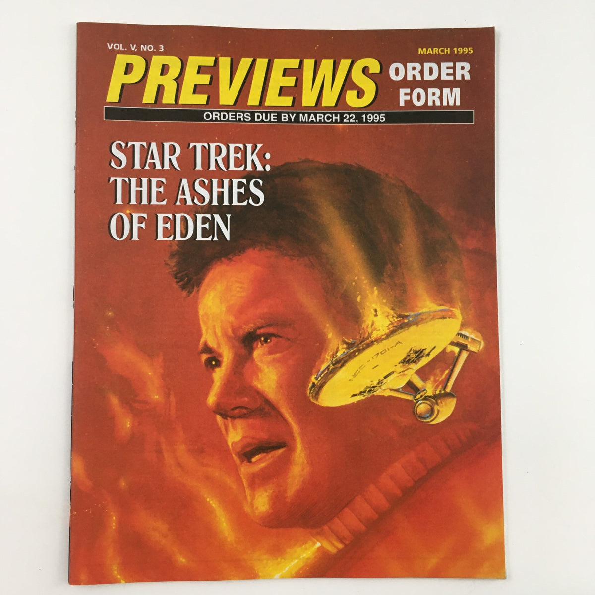 Cover of the Previews Order Form March 1995, Vol. V No. 3 featuring Star Trek: The Ashes of Eden, showcasing a dramatic illustration of a character with a Starfleet communicator.