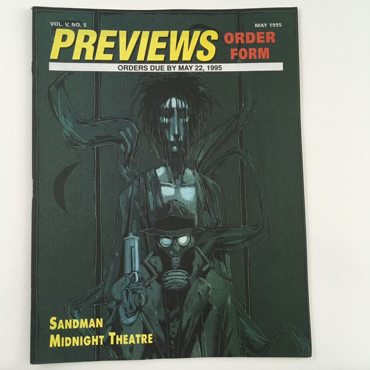 Cover of the Previews Order Form for May 1995, Volume V, Number 5, featuring Sandman Midnight Theatre, showcasing a dark, artistic illustration.