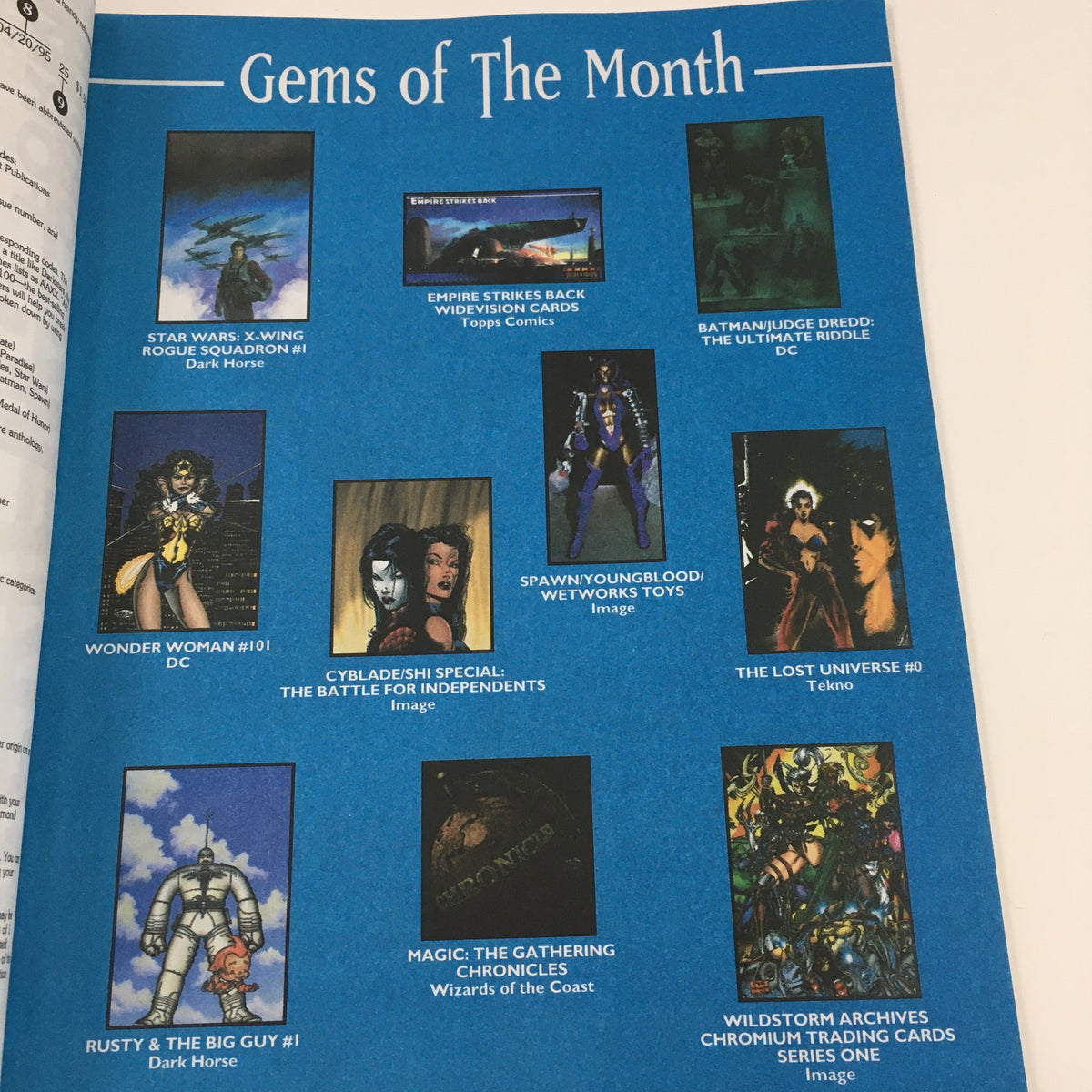 Gems of the Month from Previews Order Form May 1995 Vol. V No. 5 featuring comic titles such as Star Wars: X-Wing Rogue Squadron #1, Wonder Woman #101, and Magic: The Gathering Chronicles.