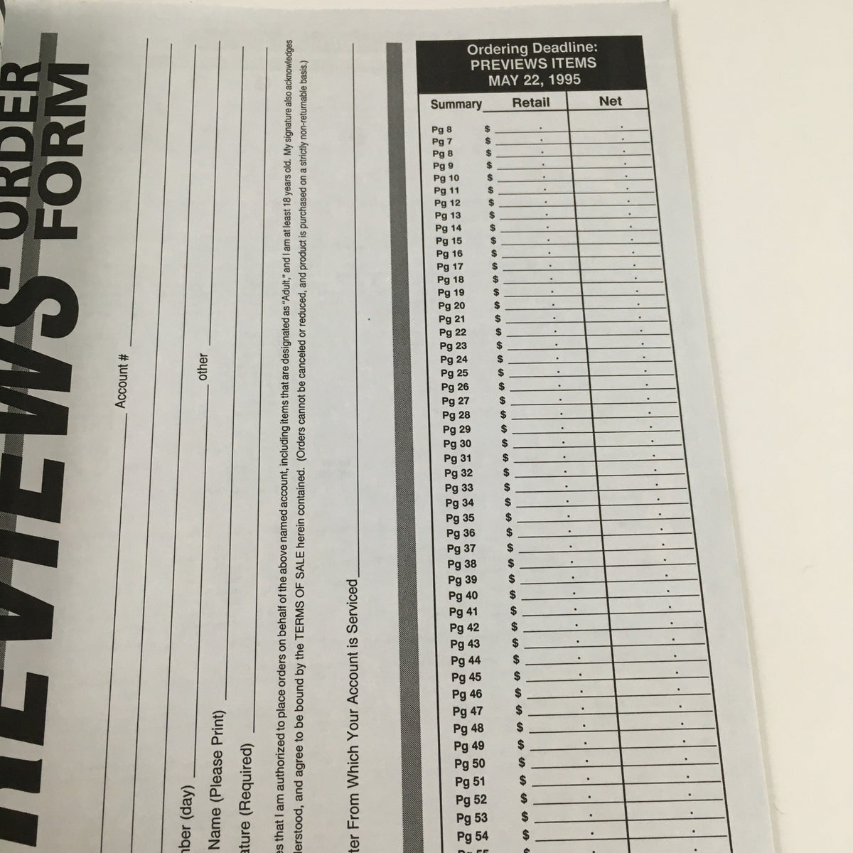 Previews Order Form for May 1995 showing order details with a summary and retail prices, part of the Sandman Midnight Theatre No Label issue.