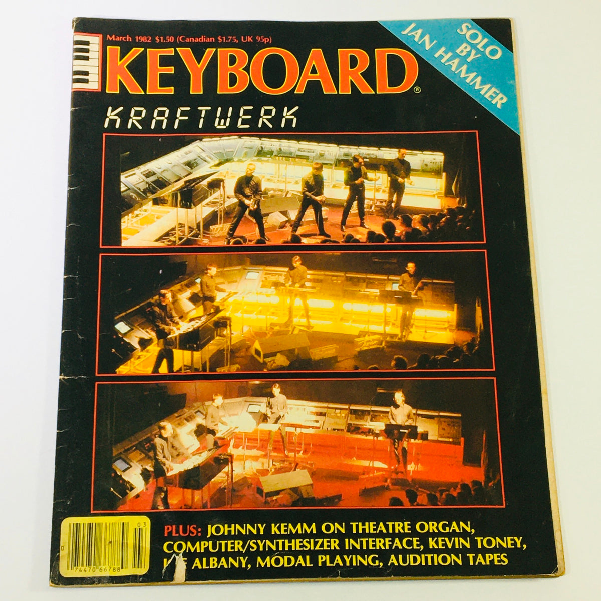 Cover of Keyboard Magazine March 1982 featuring Kraftwerk, showcasing live performances with synthesizers; includes articles by Johnny Kemm and Kevin Toney, highlighting the era of electronic music.