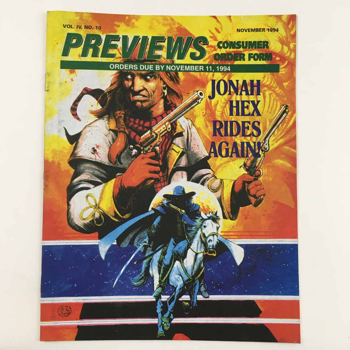 Previews Consumer Order Form November 1994 featuring Jonah Hex Rides Again cover art showcasing iconic Western character with guns and a dramatic background.