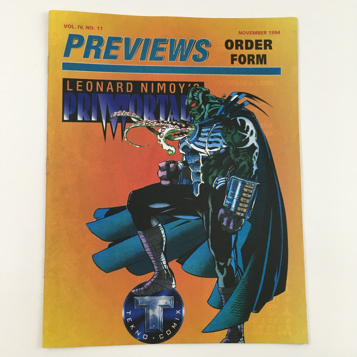 Another edition of the Previews Consumer Order Form from November 1994, featuring Leonard Nimoy's Primortal, spotlighting the variety of comic offerings of the era.