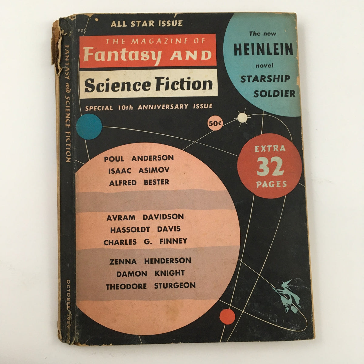 Cover of Fantasy and Science Fiction magazine from October 1959 featuring the title Starship Soldier by Heinlein. The design includes notable authors' names and is marked as the special 10th anniversary issue.