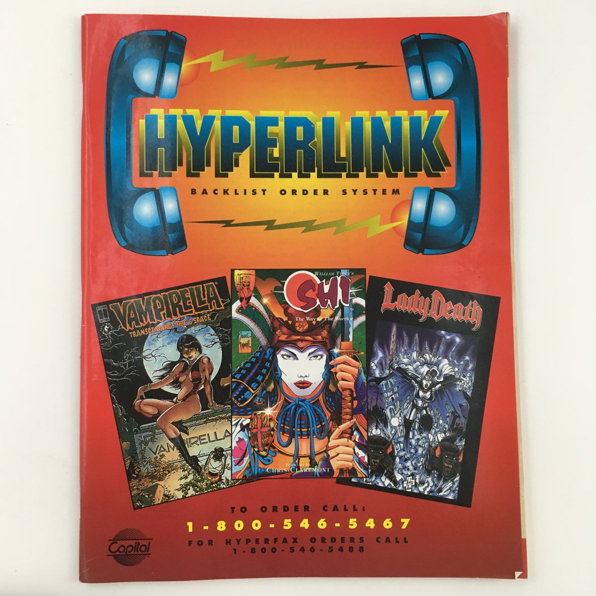 Cover of the Hyperlink Backlist Order System 1994 General Trade Terms of Comics featuring vibrant graphics and titles from various comics like Vampirella, Sin City, and Lady Death.