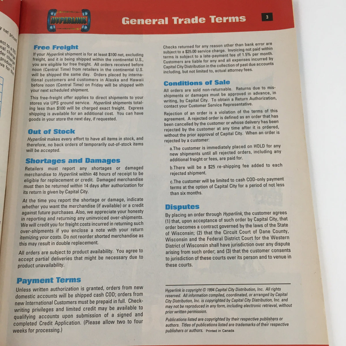 Page from the Hyperlink Backlist Order System 1994 General Trade Terms of Comics outlining general trade terms, including payment terms and conditions for retailers.