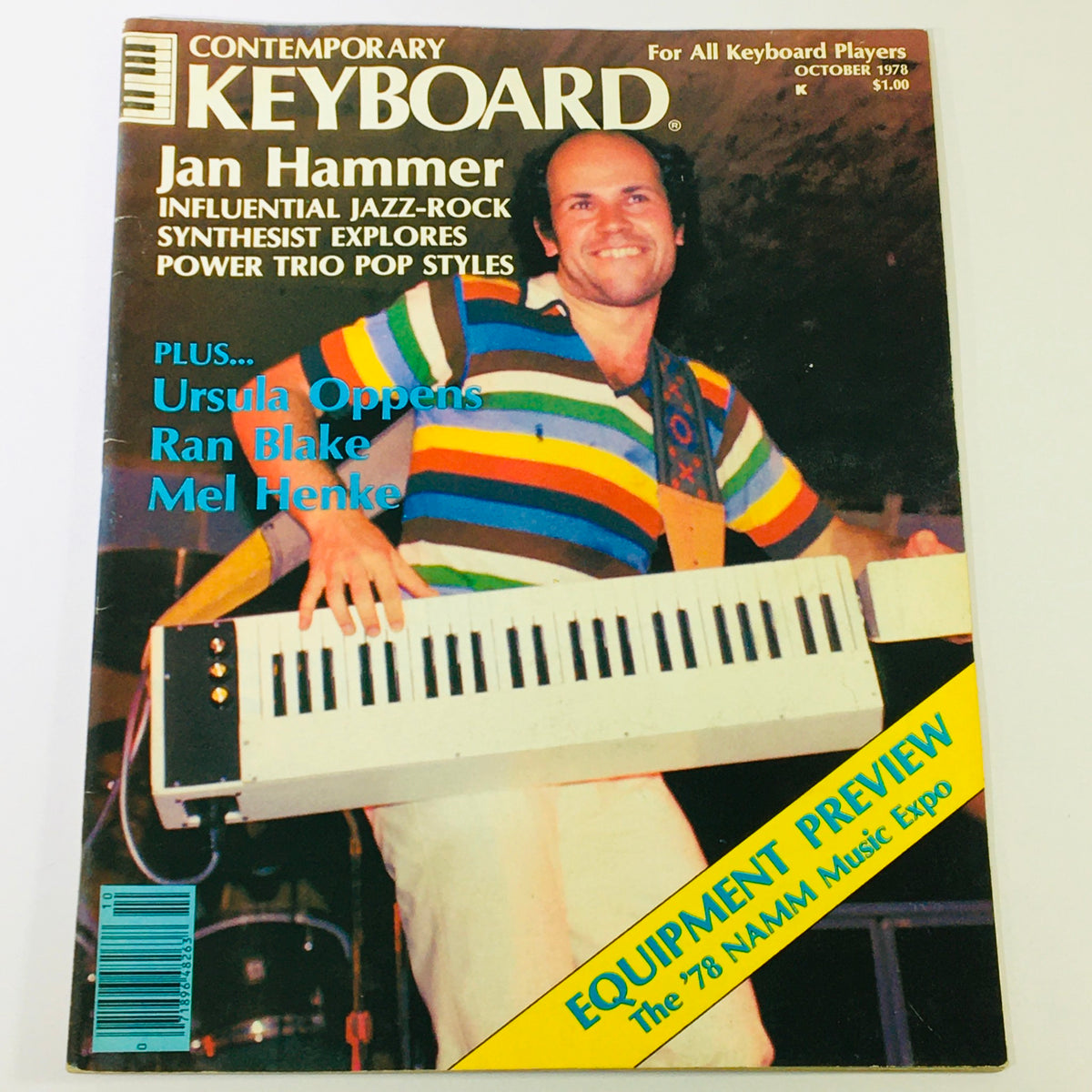Cover of Keyboard Magazine, October 1978 issue featuring Jan Hammer on the keyboard, with highlights of Ursula Oppens, Ran Blake, and Mel Henke. The magazine emphasizes influential jazz-rock and synthesizer styles, reflecting the vibrant music scene of the late 1970s.