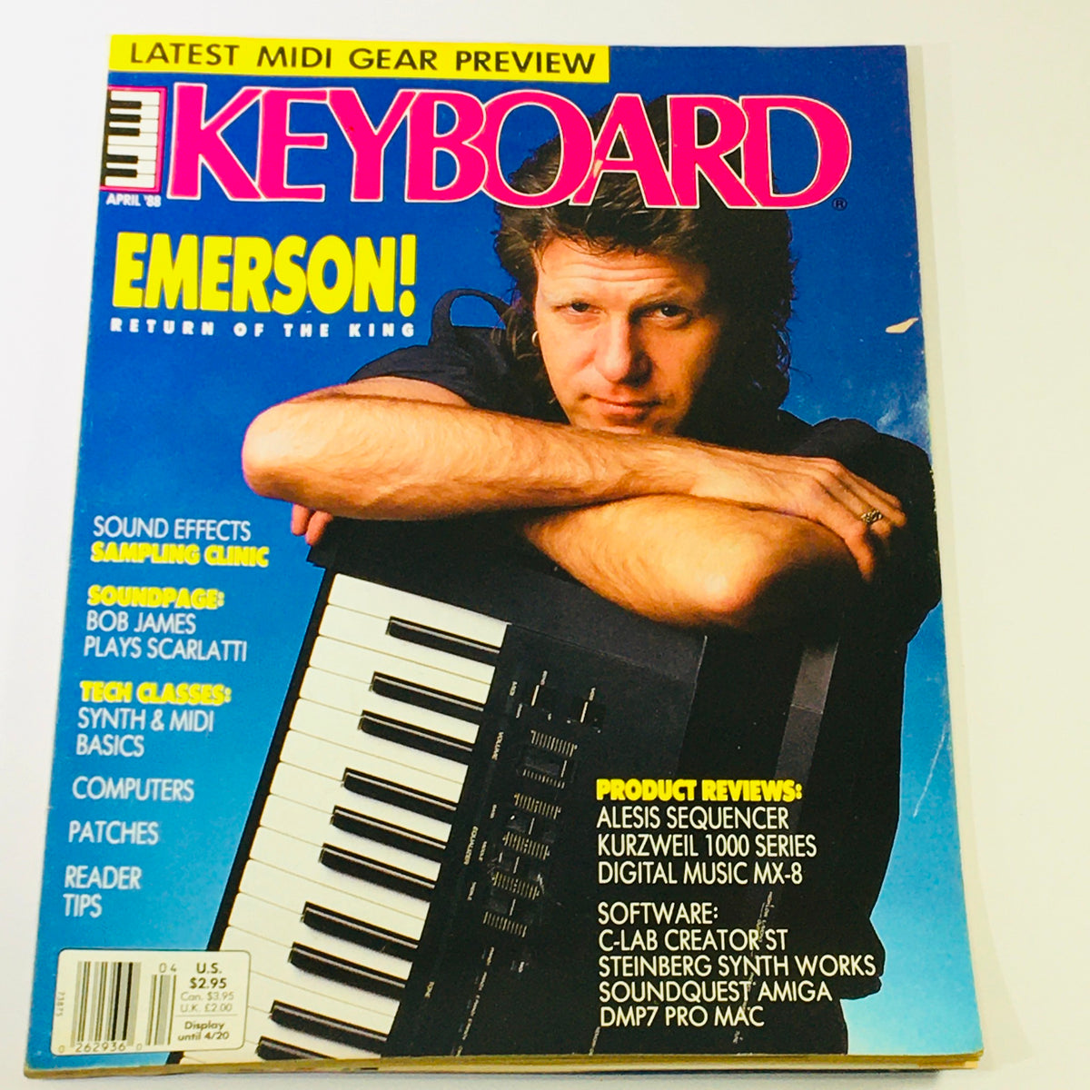 Keyboard Magazine April 1988 featuring Bob James plays Scarlatti and Emerson returns, showcasing music insights and vintage keyboard culture.