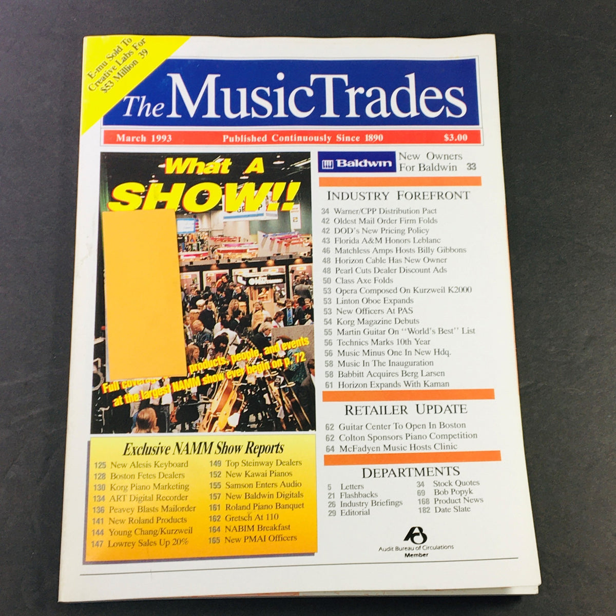 Cover of The Music Trades Magazine March 1993 featuring a 'What A Show!' headline, showcasing advancements including the New Alesis Keyboard and Boston Feten Dealers, reflecting key events and products from the NAMM show.