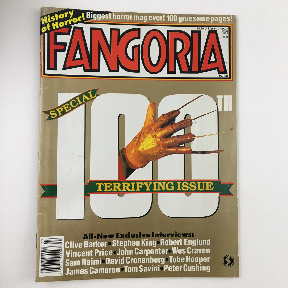 Fangoria Magazine March 1991 cover showcasing the 'Monster Maker' issue. Features a prominent image of a gloved hand with claws, and mentions exclusive interviews with horror legends like Clive Barker, Stephen King, and Wes Craven. Highlights the magazine's significance in horror cinema history.