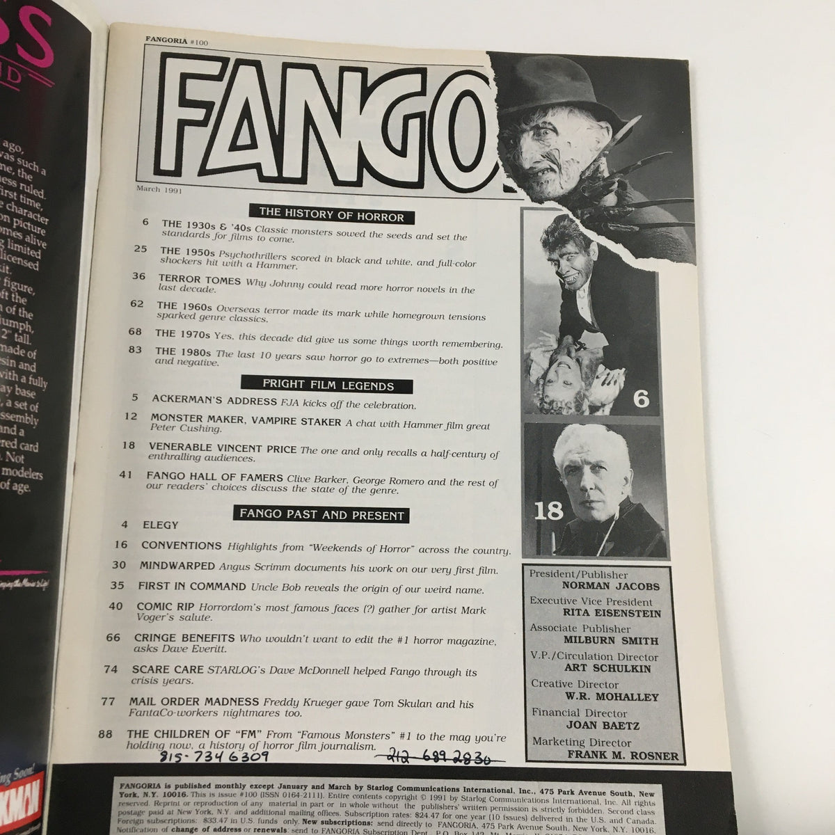 Fangoria Magazine March 1991, featuring articles on the history of horror, including sections on legendary figures like Peter Cushing and Clive Barker. The cover image highlights key themes of iconic horror cinema and the evolution of film techniques in this vintage collectible.