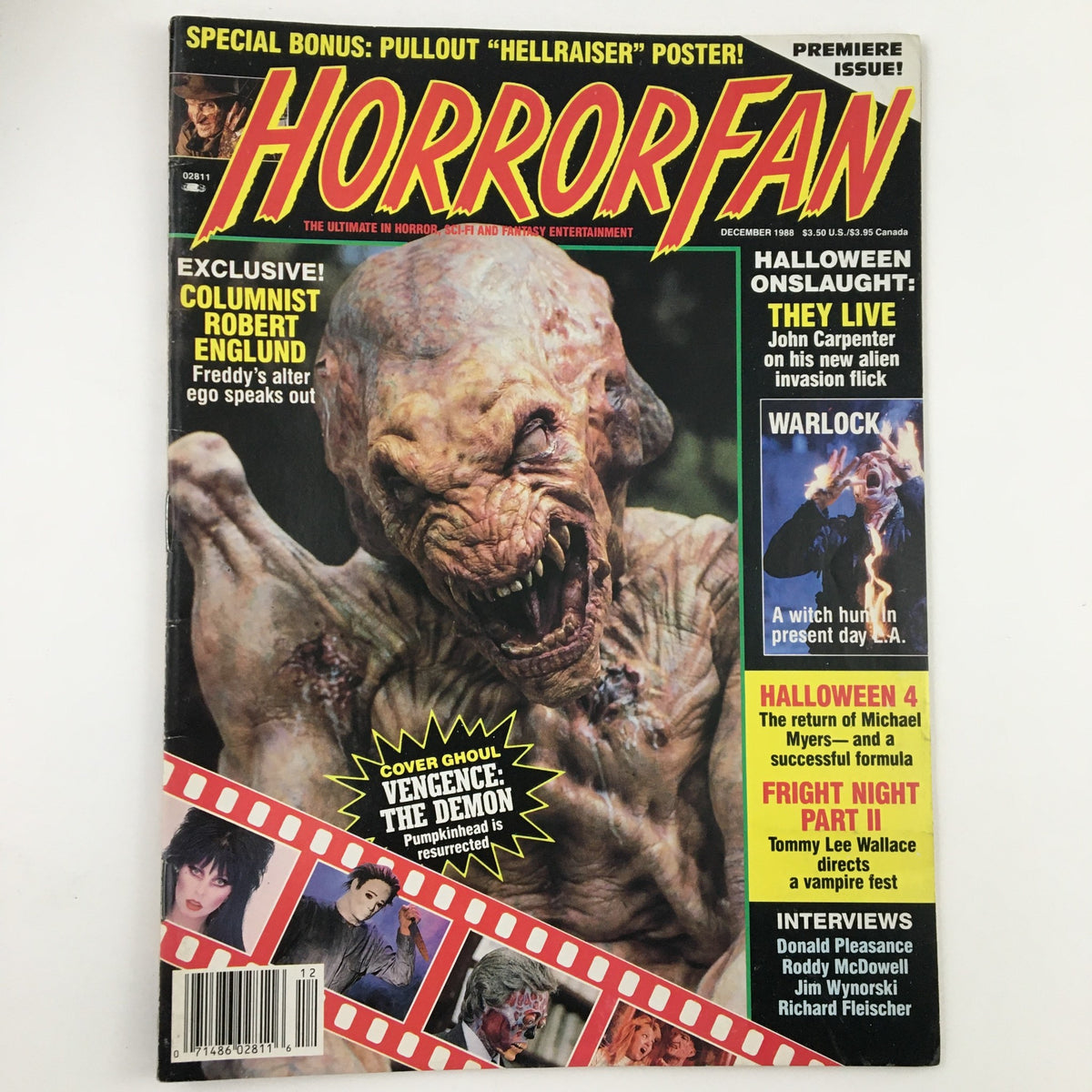 Cover of Horror Fan Magazine December 1988 featuring Robert Englund discussing Freddy Krueger's alter ego, with a monster on the cover and highlights of horror films.