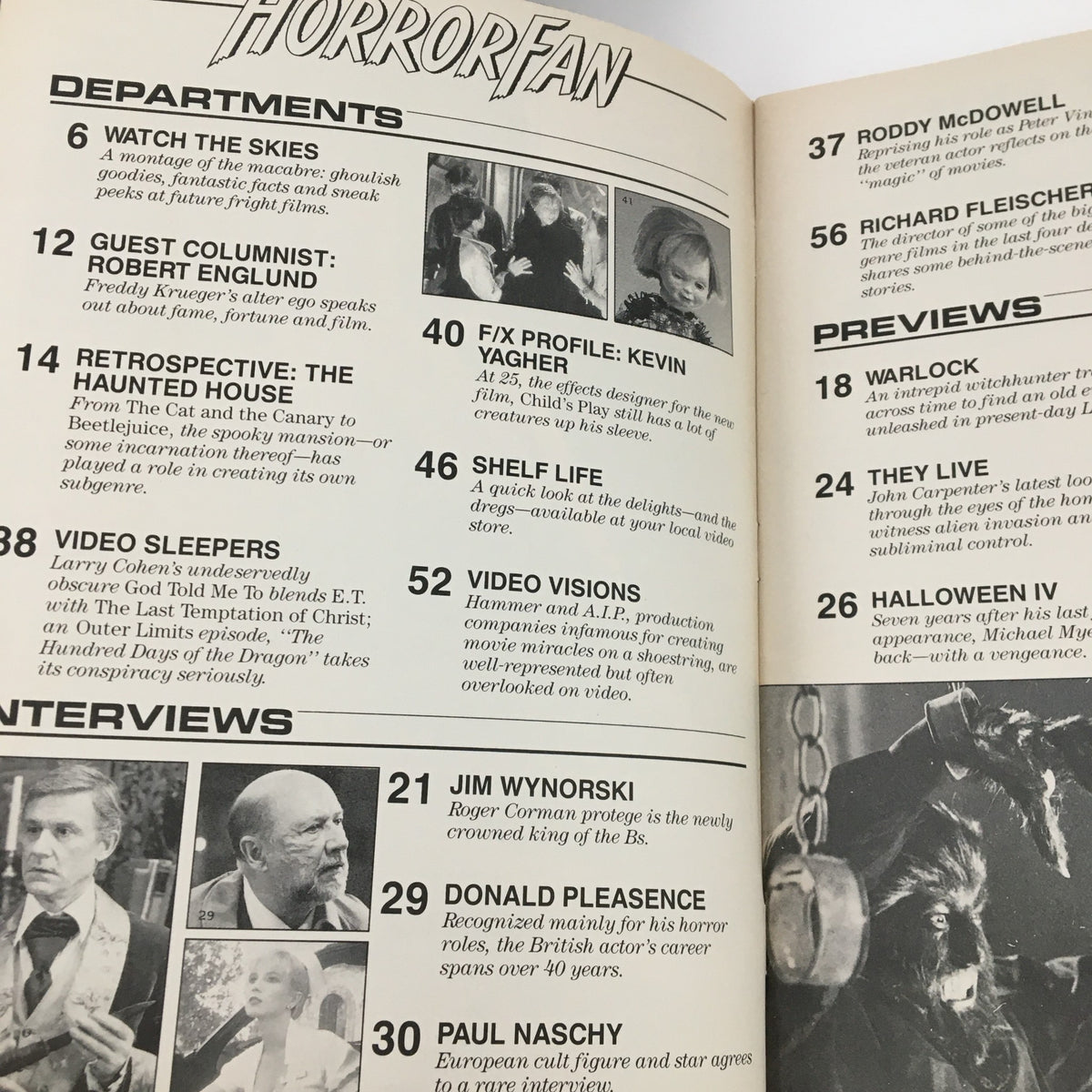 Interior page of Horror Fan Magazine December 1988 showing section headers and articles including guest columnist Robert Englund's insights on Freddy Krueger.