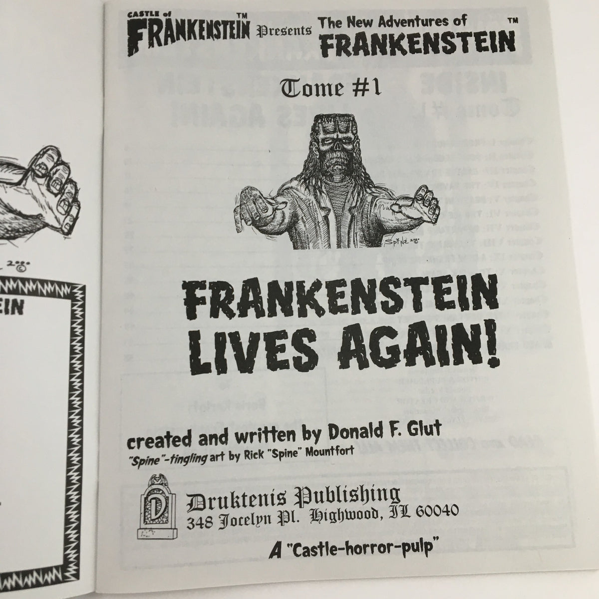 Cover page of Castle of Frankenstein 2001 Presents The New Adventures of Frankenstein No Label featuring 'Frankenstein Lives Again!' with artwork by Rick 'Spine' Mountfort.