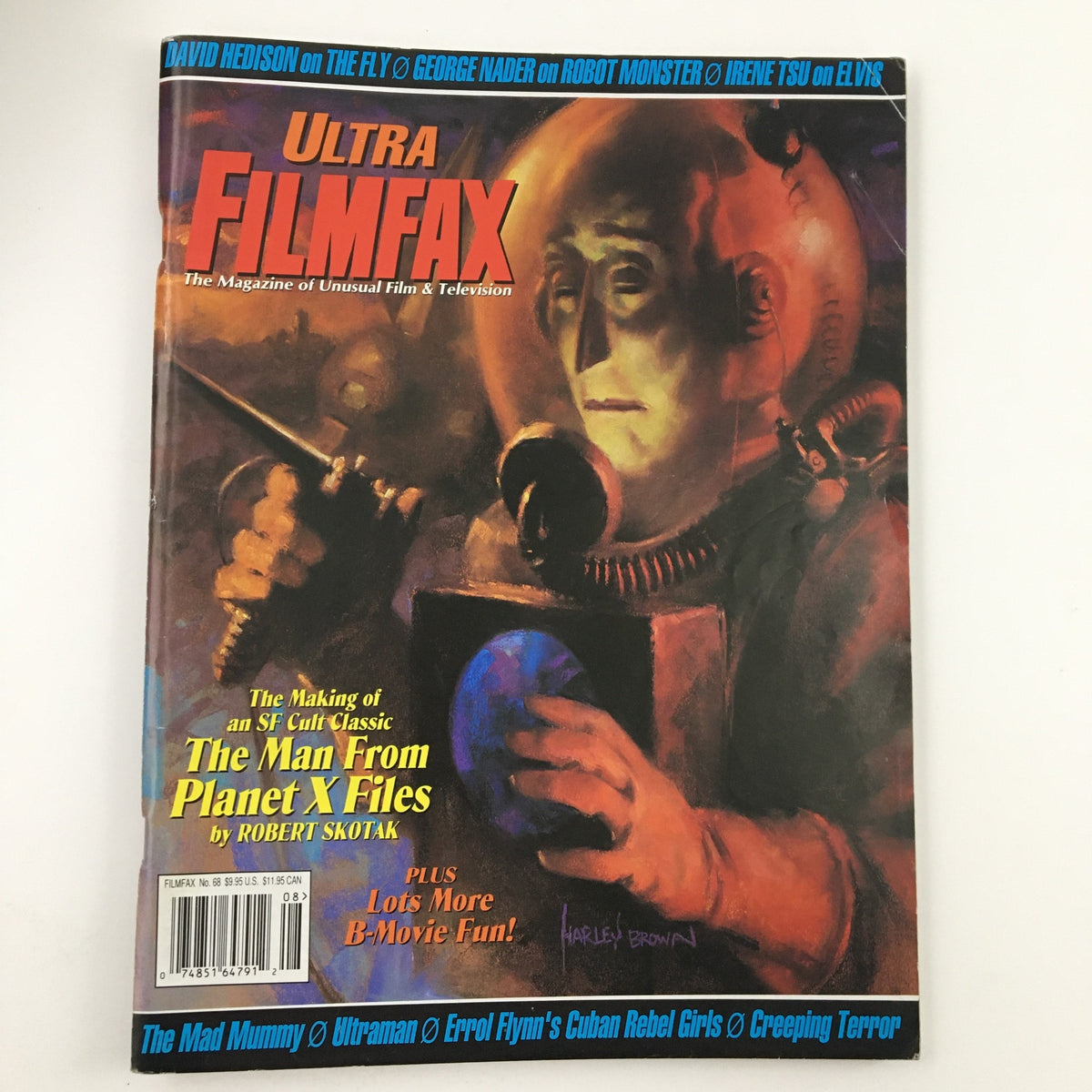 Cover of Ultra Filmfax Magazine August 1988 No. 68 featuring a striking illustration related to the film The Man from Planet X, highlighting articles on unusual film and television.