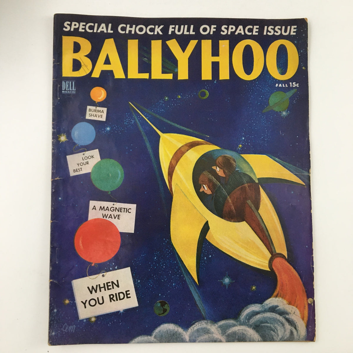 Ballyhoo Humor Magazine Fall 1953 cover featuring a colorful rocket and planets, showcasing Elmer Zilch and the Intergalactic Spacelines theme.
