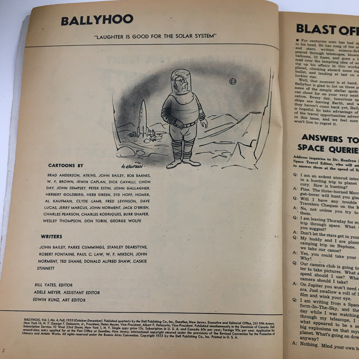 Interior page of Ballyhoo Humor Magazine Fall 1953, featuring a cartoon character in a spacesuit and details on the article contributors.