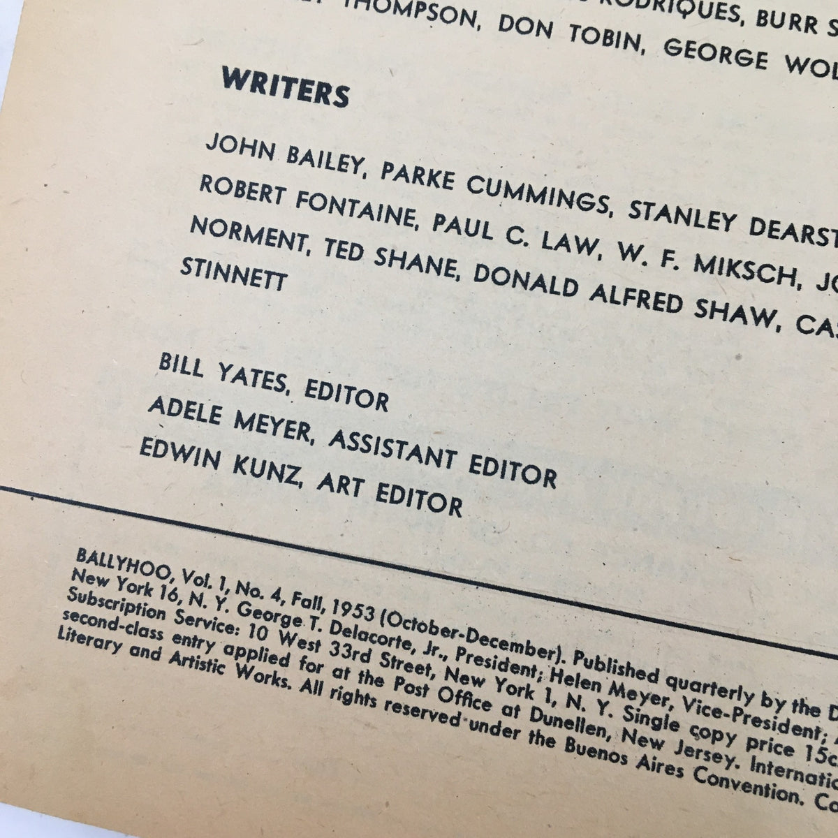 Writers list from Ballyhoo Humor Magazine Fall 1953, highlighting various contributing authors and editors.
