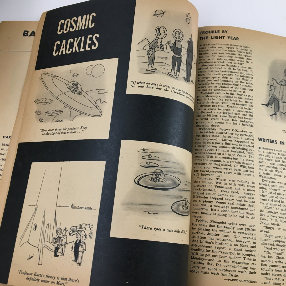 Illustration from Ballyhoo Humor Magazine Fall 1953 titled 'Cosmic Cackles,' displaying humorous cartoons about space travel and extraterrestrial encounters.