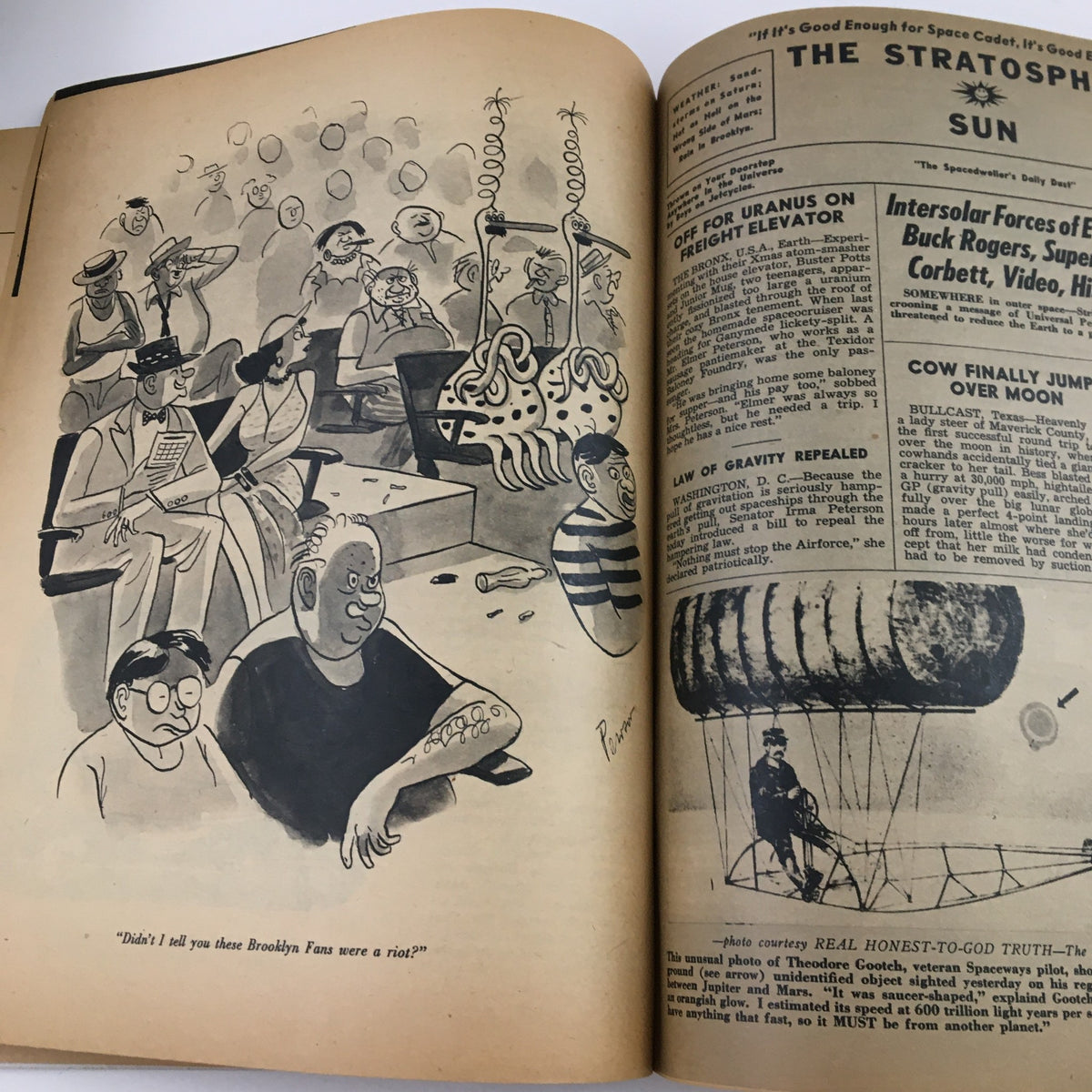 Cartoon illustration from Ballyhoo Humor Magazine Fall 1953 depicting a humorous scene in an audience with quirky characters enjoying a comedic performance.